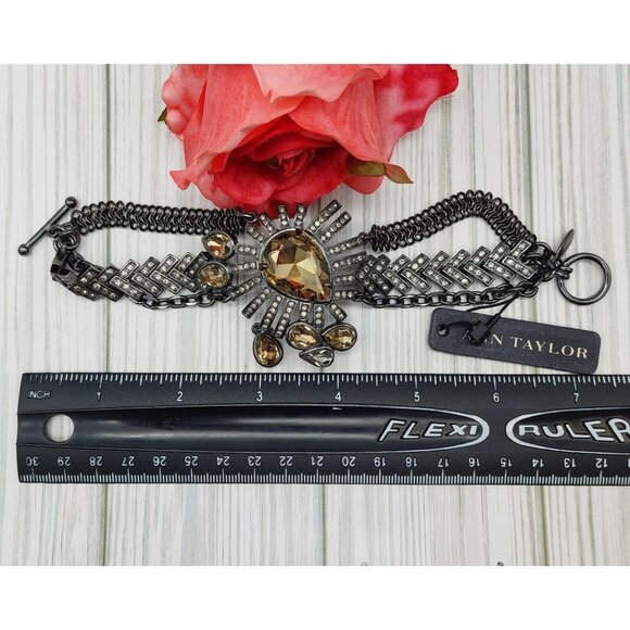 NWT Ann Taylor Statement Bracelet Gun Metal Multi Strand Crystal Accents Toggle - Picture 12 of 12